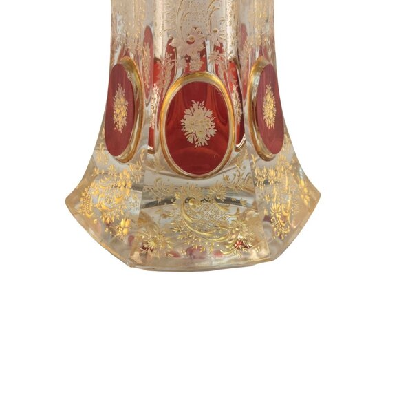 Antique Bohemian Crystal Bud Vase Clear Red Gold Etched Floral Design 9.75" Tall - Picture 2 of 13